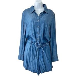 CHELSEA & THEODORE Chambray Denim Utility Button-top Tie Waist Romper Size L